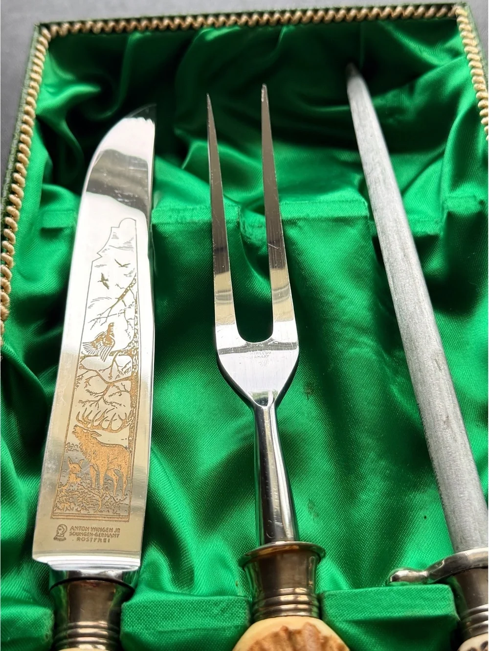 Vintage Anton Wingen Solingen Germany Stag Handle Carving Set Knife Fork Steel